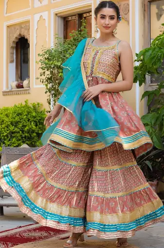 Ethnic Motifs Printed Tiered Gotta Patti Pure Silk Kurta with Sharara and Dupatta