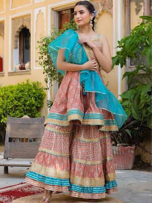 Ethnic Motifs Printed Tiered Gotta Patti Pure Silk Kurta with Sharara and Dupatta 7
