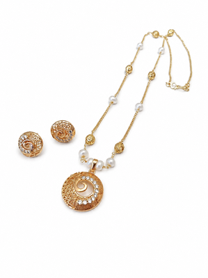 Gold-toned pearl & crystal spiral pendant necklace filigree spiral design, pearl beaded chain, crystal embellished. 3