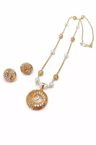 Gold-toned pearl & crystal spiral pendant necklace filigree spiral design, pearl beaded chain, crystal embellished.