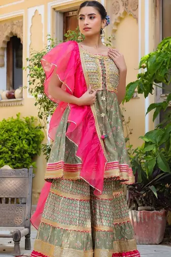 Ethnic Motifs Printed Tiered Gotta Patti Pure Silk Kurta with Sharara and Dupatta