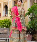 Ethnic Motifs Printed Tiered Gotta Patti Pure Silk Kurta with Sharara and Dupatta