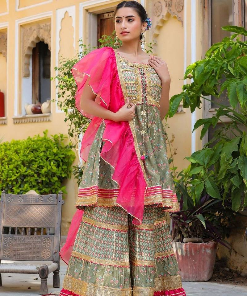 Ethnic Motifs Printed Tiered Gotta Patti Pure Silk Kurta with Sharara and Dupatta
