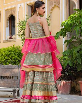 Ethnic Motifs Printed Tiered Gotta Patti Pure Silk Kurta with Sharara and Dupatta 2
