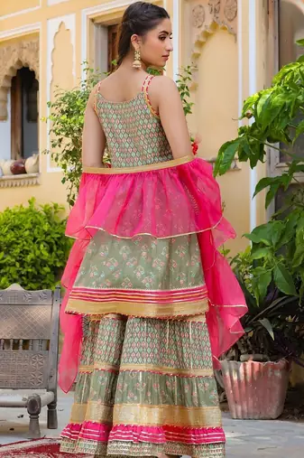 Ethnic Motifs Printed Tiered Gotta Patti Pure Silk Kurta with Sharara and Dupatta
