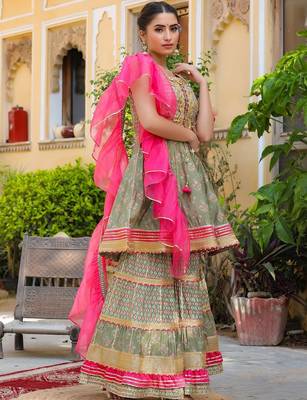 Ethnic Motifs Printed Tiered Gotta Patti Pure Silk Kurta with Sharara and Dupatta 3
