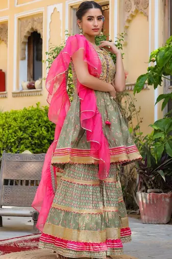 Ethnic Motifs Printed Tiered Gotta Patti Pure Silk Kurta with Sharara and Dupatta