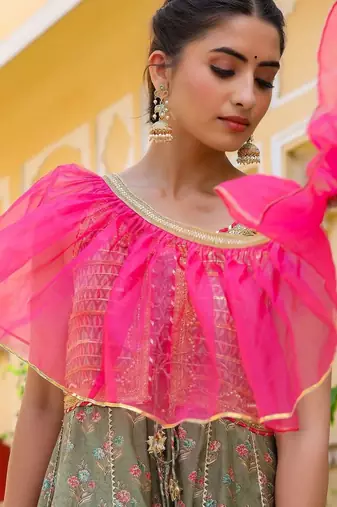 Ethnic Motifs Printed Tiered Gotta Patti Pure Silk Kurta with Sharara and Dupatta