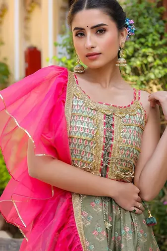 Ethnic Motifs Printed Tiered Gotta Patti Pure Silk Kurta with Sharara and Dupatta