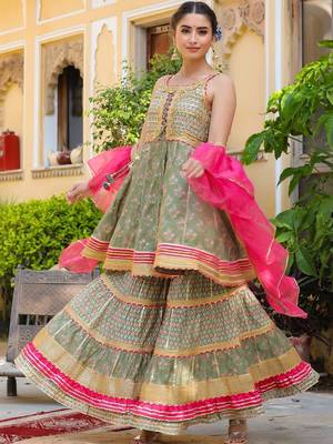 Ethnic Motifs Printed Tiered Gotta Patti Pure Silk Kurta with Sharara and Dupatta 6