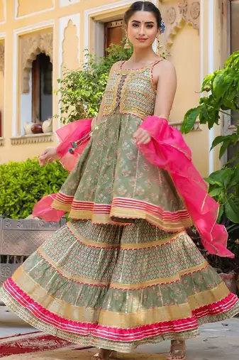 Ethnic Motifs Printed Tiered Gotta Patti Pure Silk Kurta with Sharara and Dupatta