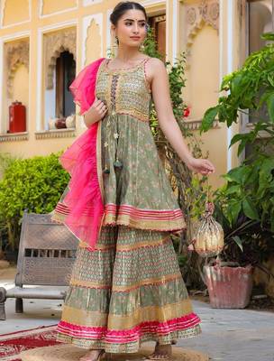 Ethnic Motifs Printed Tiered Gotta Patti Pure Silk Kurta with Sharara and Dupatta 7