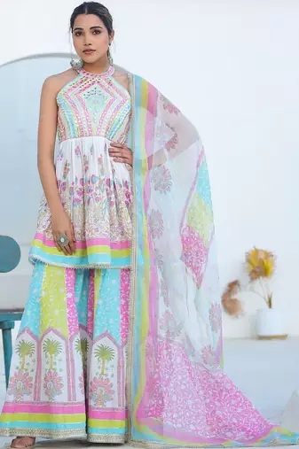 Women Ethnic Motifs Printed Mirror Work Pure Cotton Kurta with Sharara and Dupatta