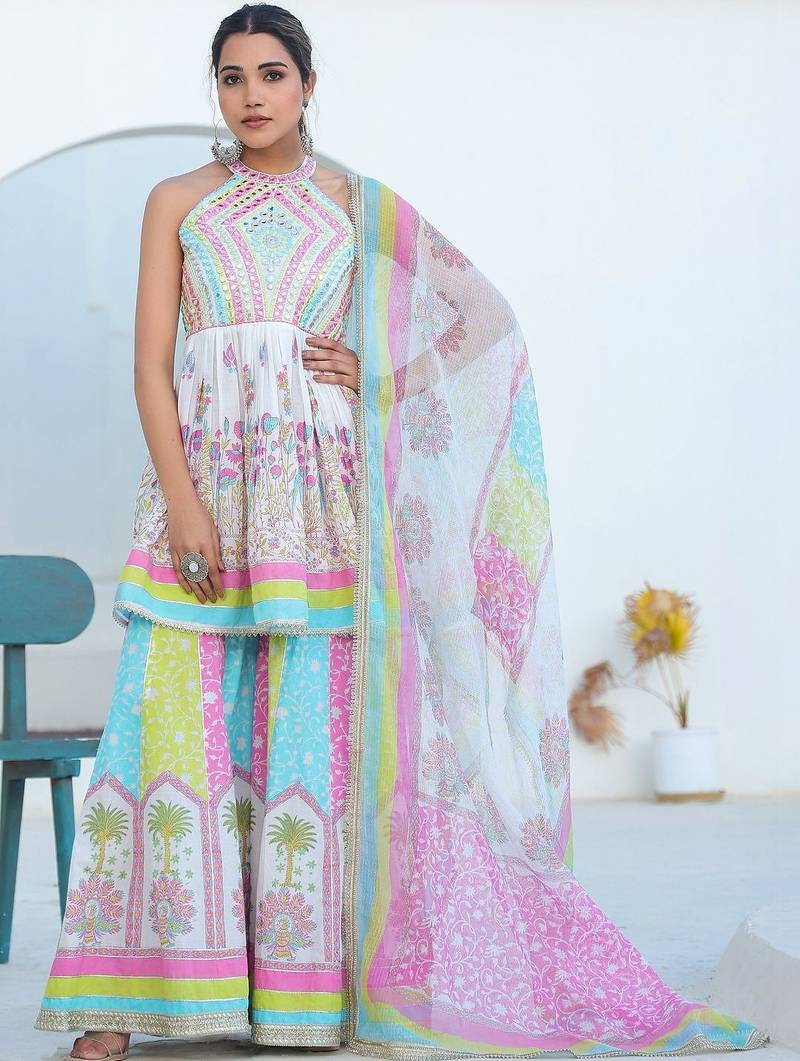 Women Ethnic Motifs Printed Mirror Work Pure Cotton Kurta with Sharara and Dupatta
