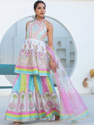 Women Ethnic Motifs Printed Mirror Work Pure Cotton Kurta with Sharara and Dupatta 3