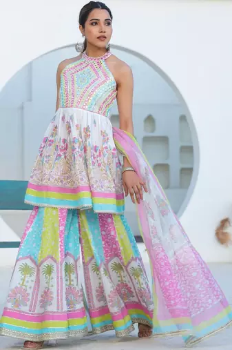 Women Ethnic Motifs Printed Mirror Work Pure Cotton Kurta with Sharara and Dupatta