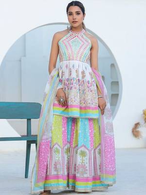 Women Ethnic Motifs Printed Mirror Work Pure Cotton Kurta with Sharara and Dupatta 5