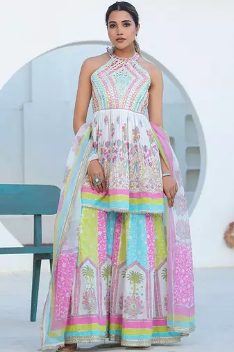 Women Ethnic Motifs Printed Mirror Work Pure Cotton Kurta with Sharara and Dupatta