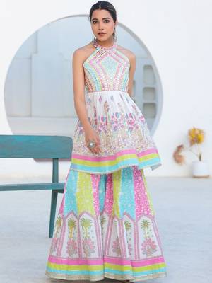 Women Ethnic Motifs Printed Mirror Work Pure Cotton Kurta with Sharara and Dupatta 6