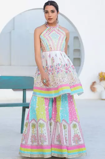 Women Ethnic Motifs Printed Mirror Work Pure Cotton Kurta with Sharara and Dupatta