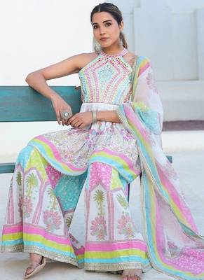 Women Ethnic Motifs Printed Mirror Work Pure Cotton Kurta with Sharara and Dupatta 7