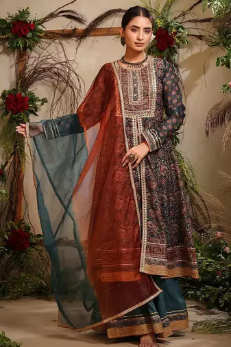 Women Ethnic Motifs Embroidered Anarkali Kurta With Sharara And Dupatta