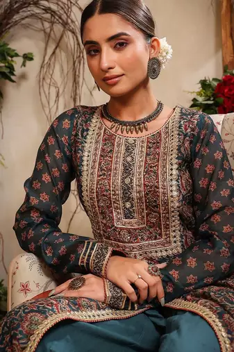 Women Ethnic Motifs Embroidered Anarkali Kurta With Sharara And Dupatta