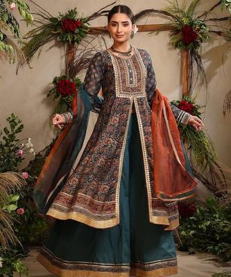 Women Ethnic Motifs Embroidered Anarkali Kurta With Sharara And Dupatta 3