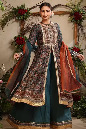 Women Ethnic Motifs Embroidered Anarkali Kurta With Sharara And Dupatta