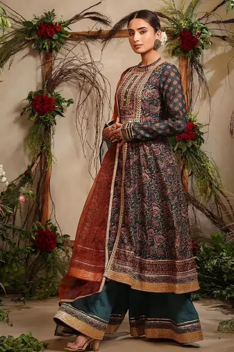 Women Ethnic Motifs Embroidered Anarkali Kurta With Sharara And Dupatta