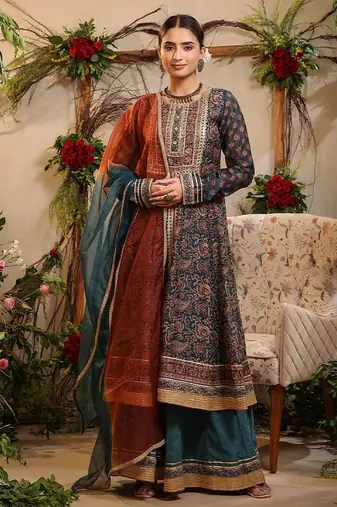 Women Ethnic Motifs Embroidered Anarkali Kurta With Sharara And Dupatta