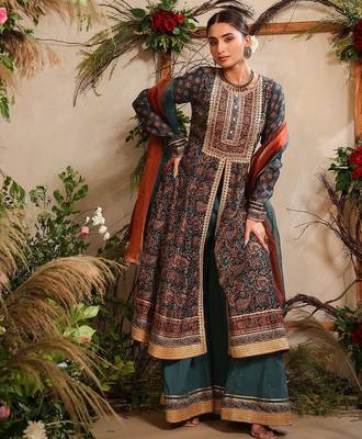 Women Ethnic Motifs Embroidered Anarkali Kurta With Sharara And Dupatta 7