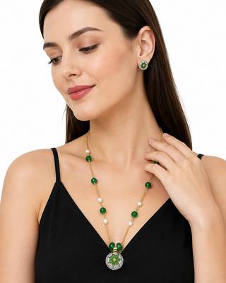 Green beaded pendant necklace floral meenakari pendant, gold-tone chain, stud earrings included, ethnic indian style 1