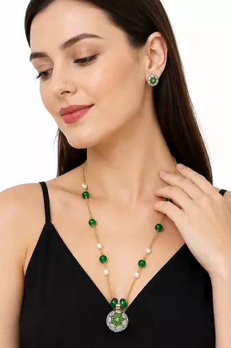 Green beaded pendant necklace floral meenakari pendant, gold-tone chain, stud earrings included, ethnic indian style