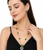 Green beaded pendant necklace floral meenakari pendant, gold-tone chain, stud earrings included, ethnic indian style
