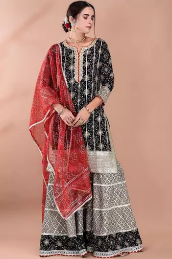 Women Ethnic Motifs Printed Regular Gotta Patti Kurta with Sharara and Dupatta