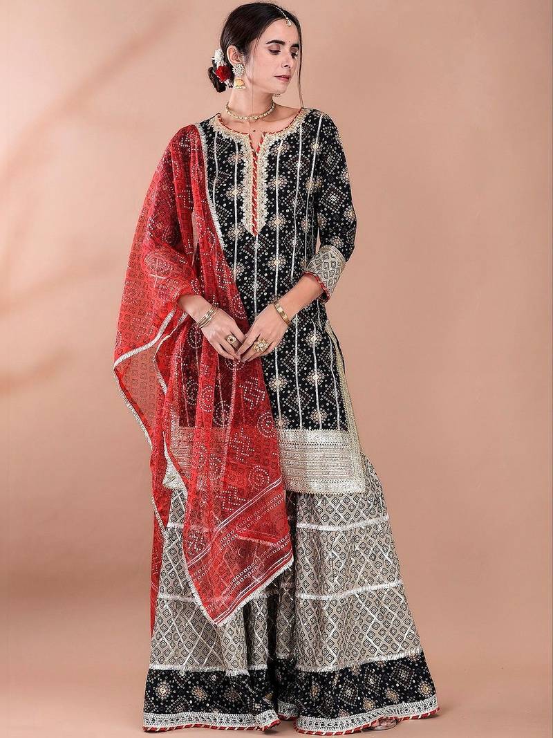 Women Ethnic Motifs Printed Regular Gotta Patti Kurta with Sharara and Dupatta