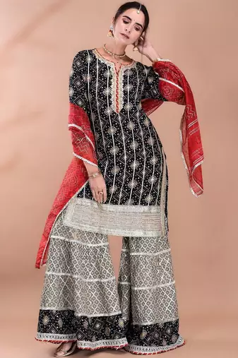 Women Ethnic Motifs Printed Regular Gotta Patti Kurta with Sharara and Dupatta