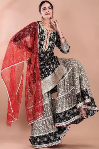 Women Ethnic Motifs Printed Regular Gotta Patti Kurta with Sharara and Dupatta