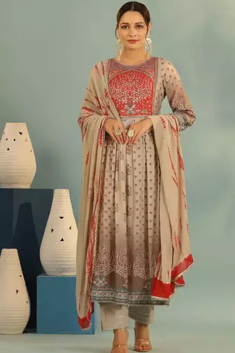 Women Ethnic Motifs Printed Tiered Mirror Work Kurta with Trousers and Dupatta