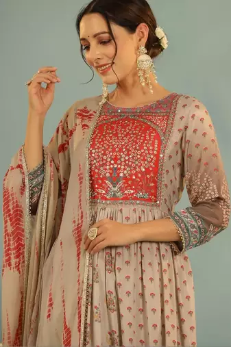 Women Ethnic Motifs Printed Tiered Mirror Work Kurta with Trousers and Dupatta