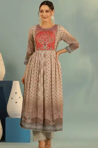 Women Ethnic Motifs Printed Tiered Mirror Work Kurta with Trousers and Dupatta