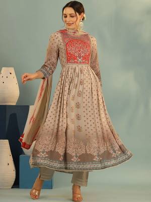 Women Ethnic Motifs Printed Tiered Mirror Work Kurta with Trousers and Dupatta 5