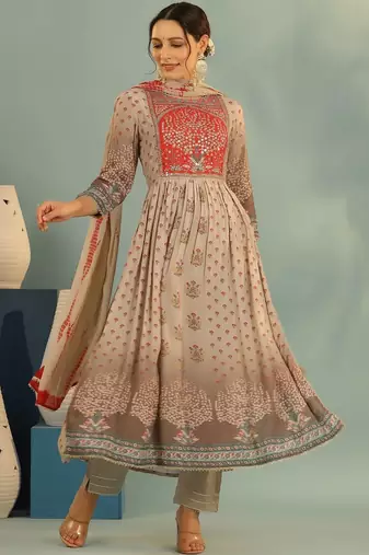 Women Ethnic Motifs Printed Tiered Mirror Work Kurta with Trousers and Dupatta