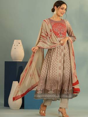 Women Ethnic Motifs Printed Tiered Mirror Work Kurta with Trousers and Dupatta 6