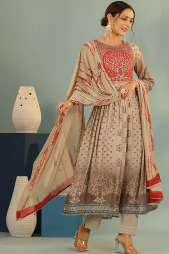 Women Ethnic Motifs Printed Tiered Mirror Work Kurta with Trousers and Dupatta