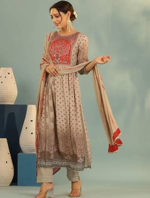 Women Ethnic Motifs Printed Tiered Mirror Work Kurta with Trousers and Dupatta 7