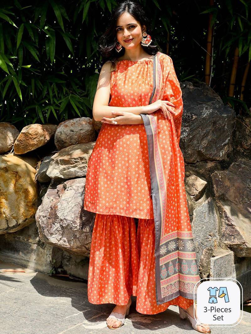Bandhani Printed Tie-Up Neck Sleeveless Chanderi Silk Kurta Set With Dupatta