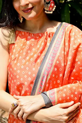 Bandhani Printed Tie-Up Neck Sleeveless Chanderi Silk Kurta Set With Dupatta