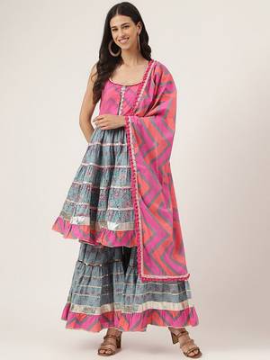 Floral Printed Shoulder Straps Gotta Patti Pure Cotton Kurta With Sharara & Dupatta 1